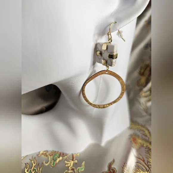 Square Stud & Hammered Dangle Hoop Earrings NWOT - Picture 2 of 3